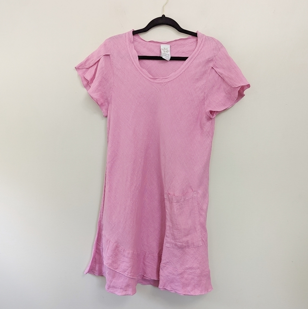 Match Point USA Pink‎ Linen Petal Sleeve Tunic Dress Lagenlook